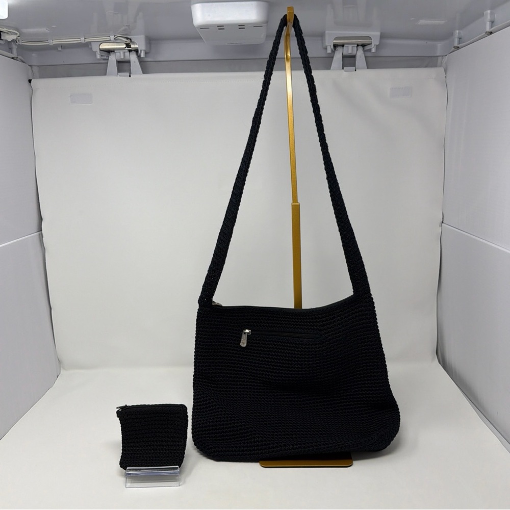 The Sak Black Crochet Shoulder Bag Boho Knit Purse w/ Coin Pouch Vintage